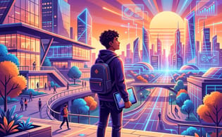 Un jeune homme debout regardant la ville futuriste.