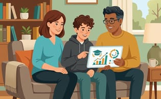 Deux parents atour de leur enfant assis sur le canapé en train de regarder une fiche d'école