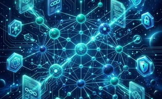 Illustration d'objets interconnectés par des vaisseaux bleu.