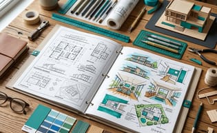 Portfolio de travaux d'architecture d'intérieur sur posé ouvert sur la table.