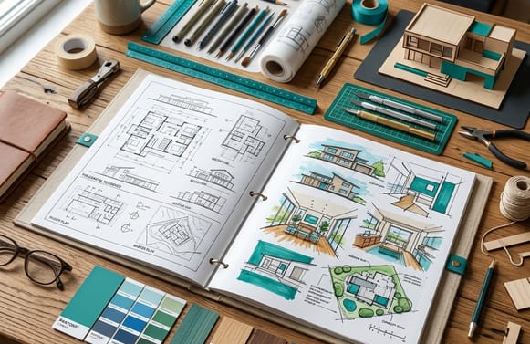 Portfolio de travaux d'architecture d'intérieur sur posé ouvert sur la table.