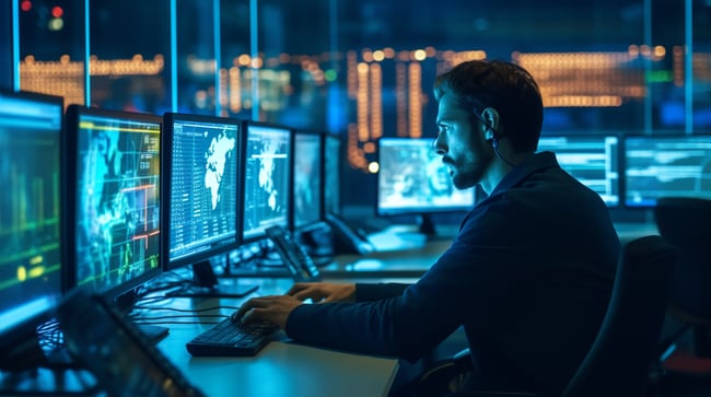 Homme sur ses écrans cyber (IA)