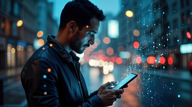Homme devant son téléphone IA