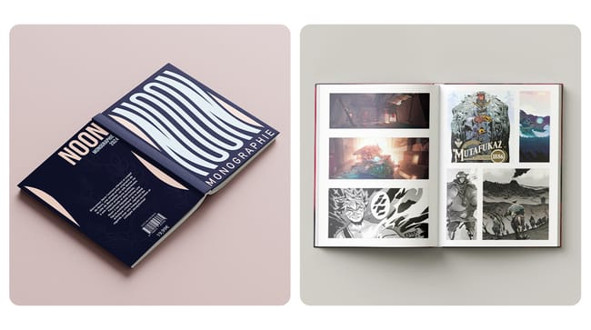 Première et quatrième de couverture sur l'œuvre de NOON (1) et double page intérieure sur celle