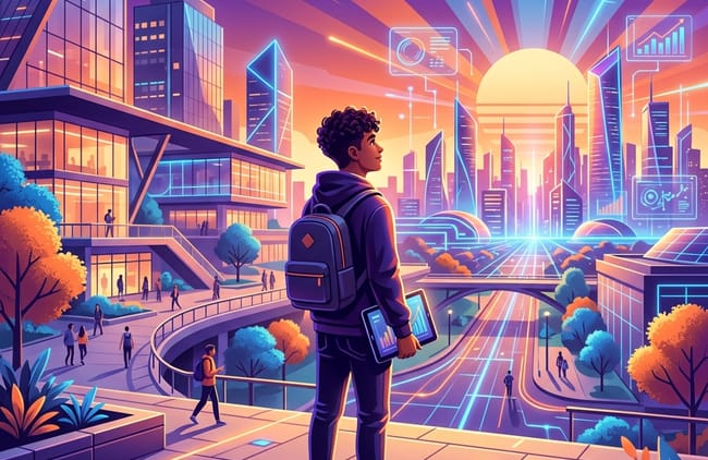 Un jeune homme debout regardant la ville futuriste.