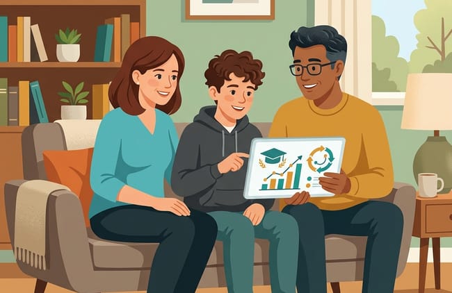 Deux parents atour de leur enfant assis sur le canapé en train de regarder une fiche d'école