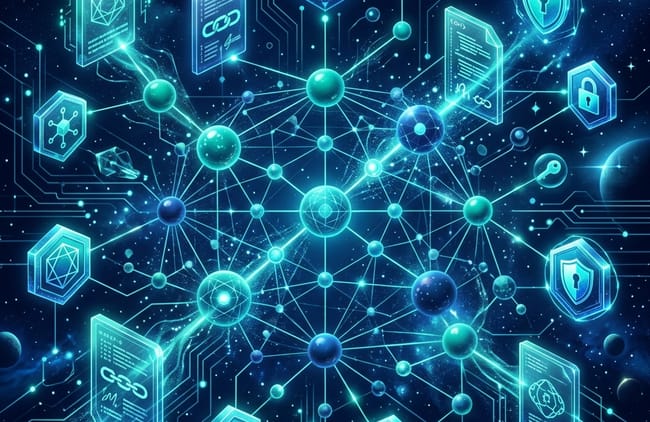 Illustration d'objets interconnectés par des vaisseaux bleu.