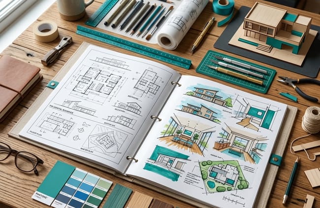 Portfolio de travaux d'architecture d'intérieur sur posé ouvert sur la table.