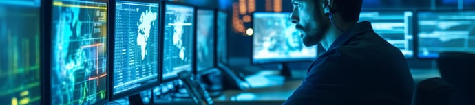 Homme sur ses écrans cyber (IA)