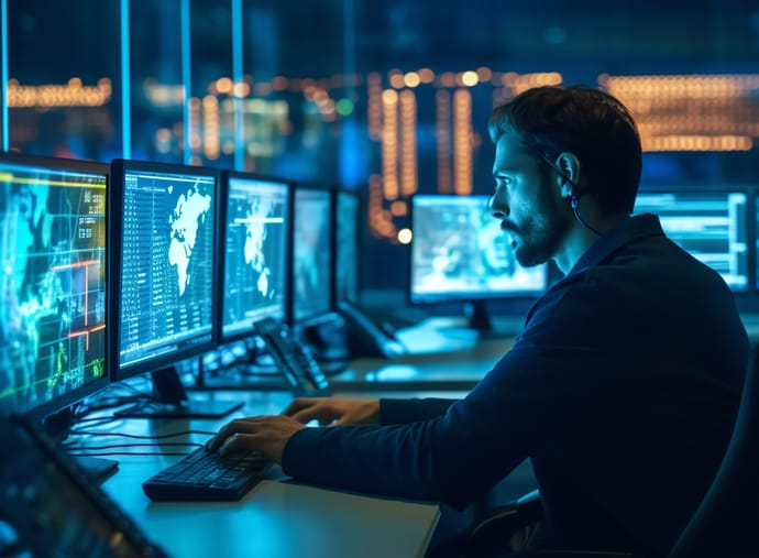 Homme sur ses écrans cyber (IA)